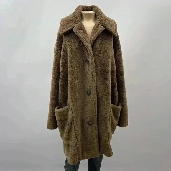 Vince Faux Fur Coat Size L Brown Wool Mob Wife Button Trench Long